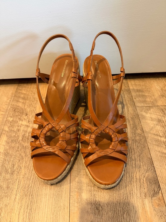 Reformation Shoes - Reformation Cognac Leather Woven Circle Wedge Sandals